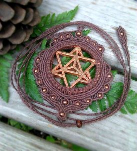 Copper Electroplated Star Tetrahedron Hemp Micro Macrame Necklace. 